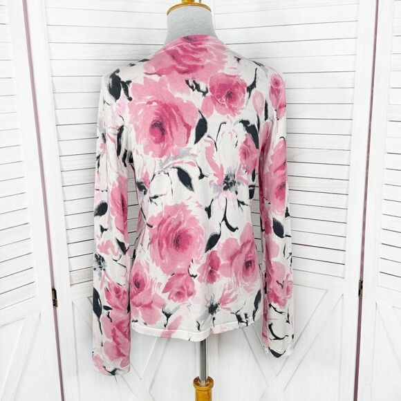 Jones New York Floral Silk Blend V Neck Cardigan Sweater Cream Pink Medium - Picture 4 of 12